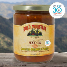 Load image into Gallery viewer, A 16-ounce jar of Jalepeno Pineapple Mango Salsa from Bold Mountain Harvest. The salsa is marked Hot and is Whole 30 Approved.